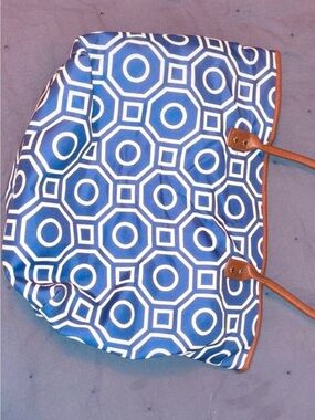 Blue Geometric Tote Bag with Brown Trim